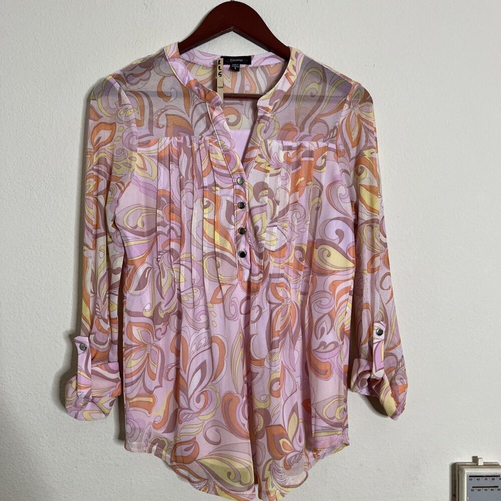 Cocomo Mesh Retro Roll Tab Sleeve Popover Blouse Pink Lined V Neck Top SZ S